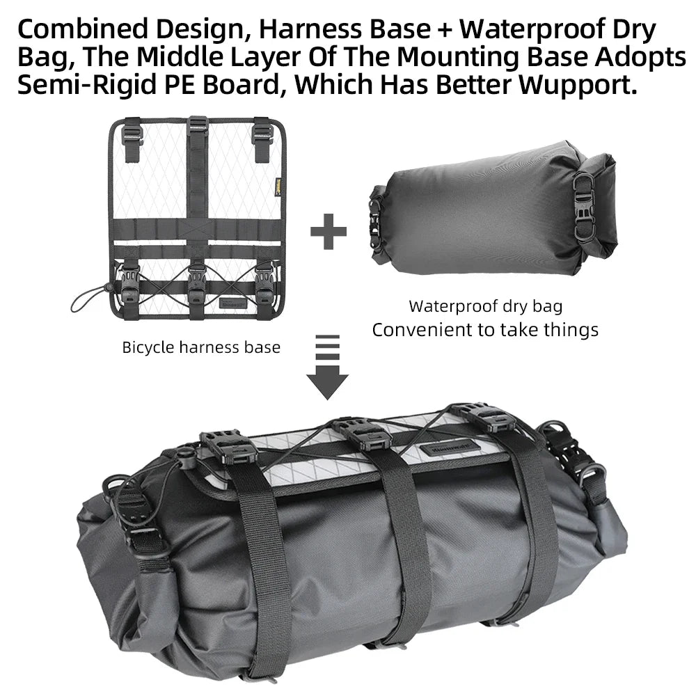 Sistema de Manillar Modular Profesional para Bikepacking (Arnés + Bolsa Estanca) 8-12L