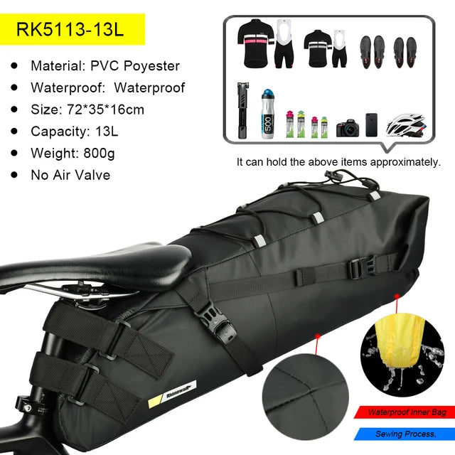Rhinowalk Bolsa de Sillín Impermeable de Gran Capacidad para Bikepacking (10L - 13L)