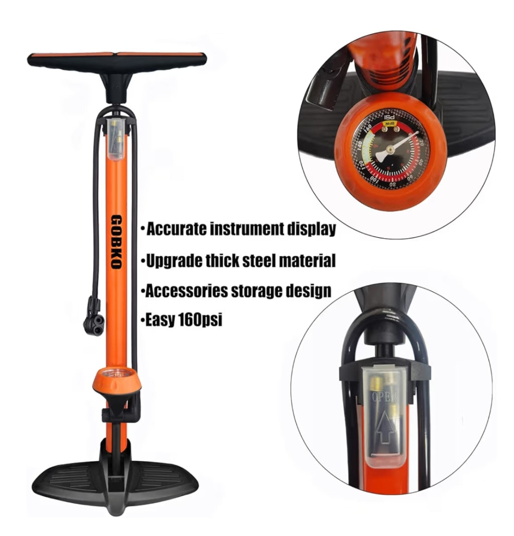 GOBKO Bomba de Bicicleta Bomba de Pie con Manómetro, Bomba de Bicicleta con Presta y Schrader Bomba de Neumático Multifuncional para Bicicletas Bomba de Bolas Deportivas 160Psi &11Bar